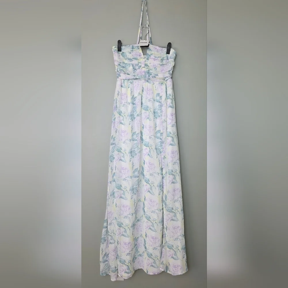 Lulus Effortlessly Abloom Green Multi Floral Ruched Halter Maxi Dress, Small